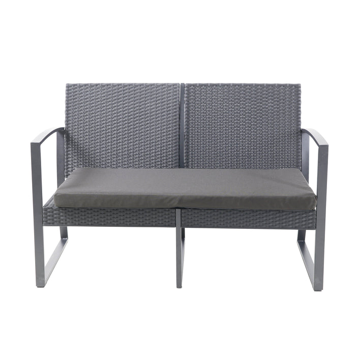 Zweisitzige Gartenbank aus grauem Polyrattan mit grauem Sitzkissen und Metallrahmen