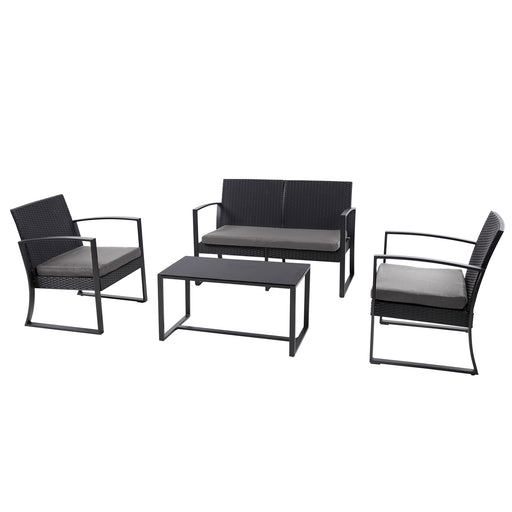 Schwarzes Gartenmöbel-Set mit zwei Sesseln, einer Bank und einem rechteckigen Tisch, alle mit grauen Sitzkissen