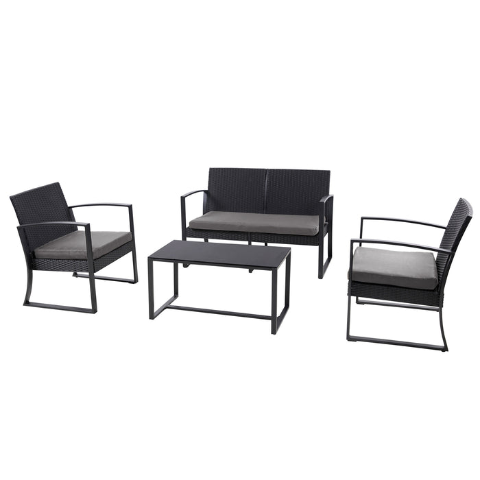 Schwarzes Gartenmöbel-Set mit zwei Sesseln, einer Bank und einem rechteckigen Tisch, alle mit grauen Sitzkissen