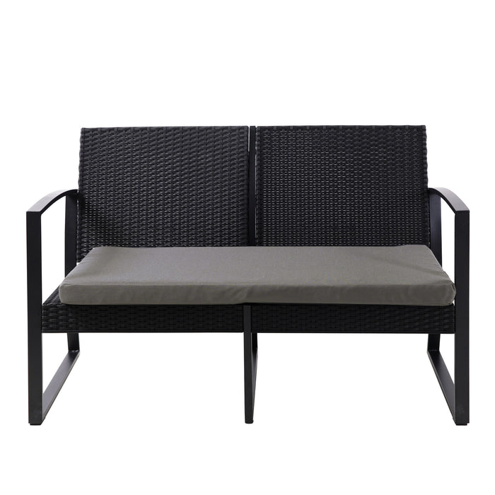 Zweisitzige Gartenbank aus schwarzem Rattan mit grauem Sitzkissen und Metallarmlehnen