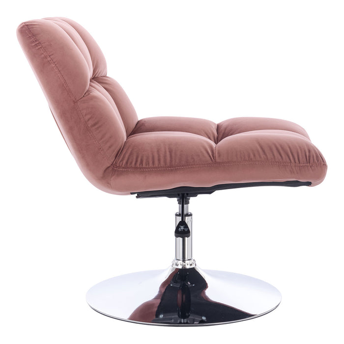 Rosa, mit Samt gepolsterter Lounge-Sessel mit niedriger Rückenlehne und schwarzem runden Metallfuß, seitliche Perspektive