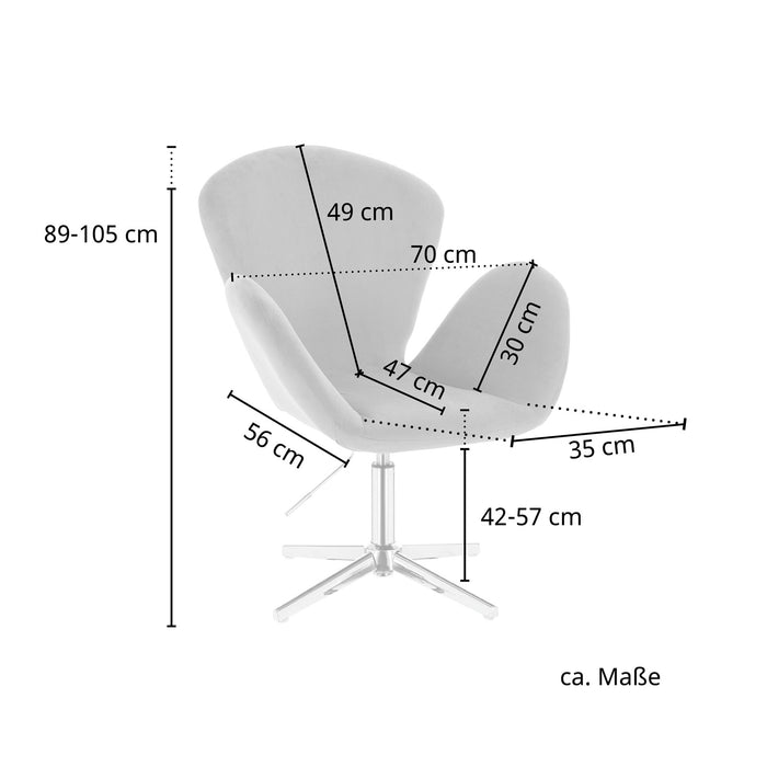 Maßangaben SVITA BROOX Drehstuhl dunkelgrau: Höhe 89-105 cm, Sitzhöhe 42-57 cm, Sitztiefe 47 cm, Sitzbreite 35 cm, Armlehnenhöhe 30 cm, Höhe Rückenlehne 49 cm