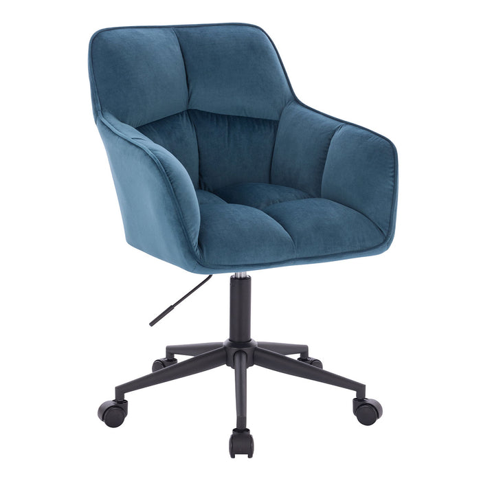 Blauer Bürostuhl mit gepolstertem Sitz und Rückenlehne, Armlehnen, schwarzem Metallgestell und fünf Rollen