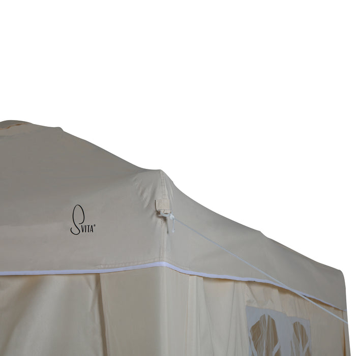 Eckansicht Beiger Pavillon mit dem Logo 'Svita' auf der oberen Ecke des Dachs und Spannseil mit Plastiköse