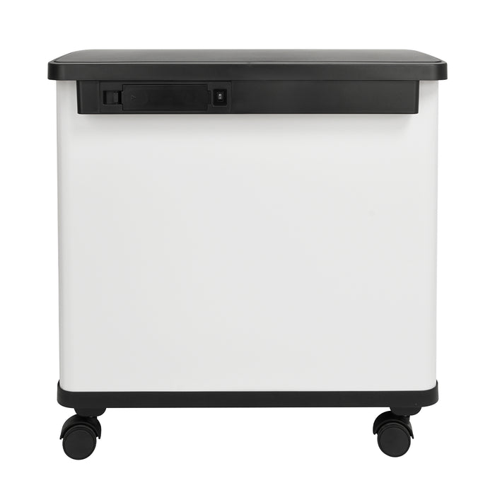 Weißer rechteckiger Mülleimer mit schwarzem Deckel und vier Rollen, Rückansicht mit Batteriefach für Sensor des Mülleimers.