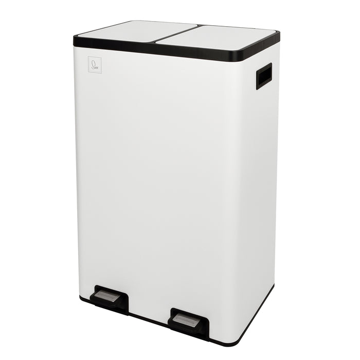 Weißer, rechteckiger Mülleimer mit zwei getrennten Fächern und je einem Fußpedal, seitliche Griffe sichtbar.