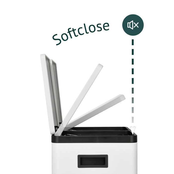 Weißer rechteckiger Mülleimer mit offenem Deckel in drei Positionen, Schriftzug 'Softclose' und Lautlos-Symbol.