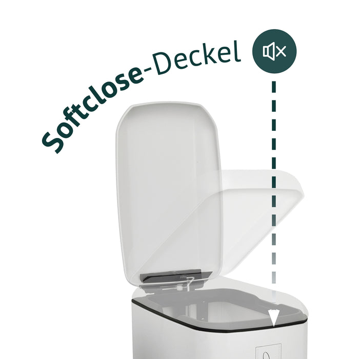 Infografik zum Softclosedeckel eines weißen Mülleimers