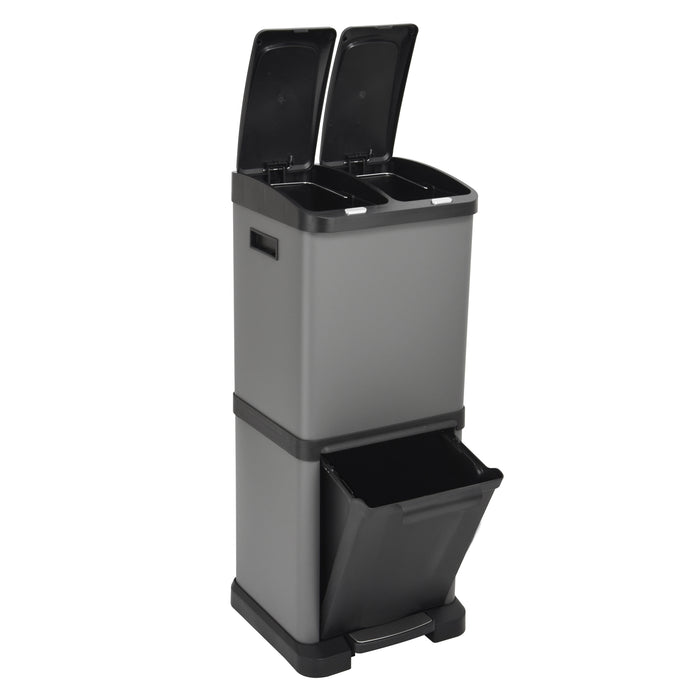 Grauer Mülltrenner mit zwei oberen Fächern mit schwarzen Klappdeckeln und einem unteren ausklappbaren Behälter mit Fußpedal
