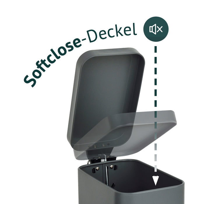 Grauer Svita-Mülleimer STM5 mit geöffnetem Deckel, Illustration Softclose-Deckel