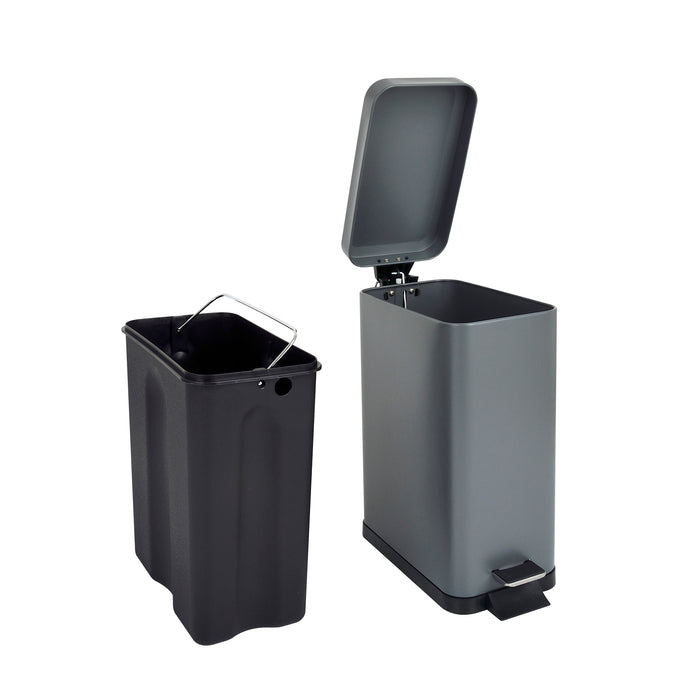 Grauer Svita Mülleimer STM10 mit geöffnetem Deckel und schwarzem Inneneimer, rechteckig, 10 Liter