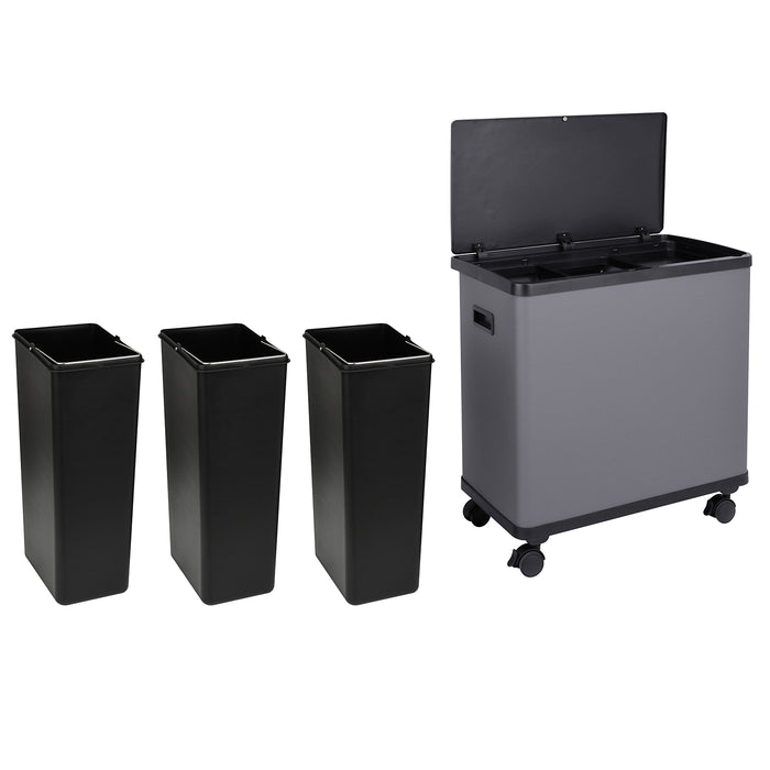 Grauer Mülleimer mit offenem Deckel auf Rollen und drei schwarzen, rechteckigen Inneneimern daneben.
