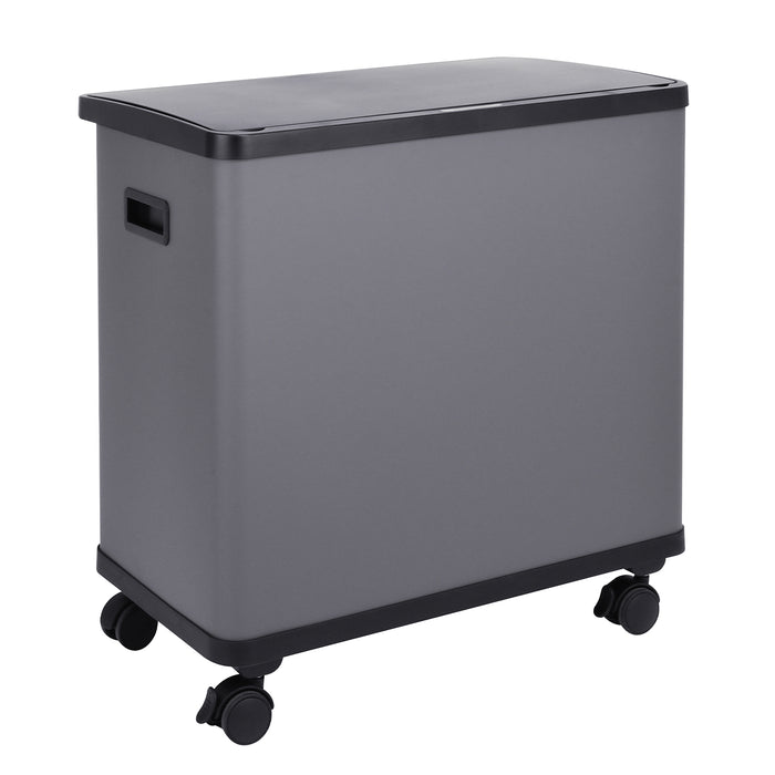 Rechteckiger grauer Mülleimer mit schwarzem Deckel und vier schwarzen Rollen, seitlicher Griff.