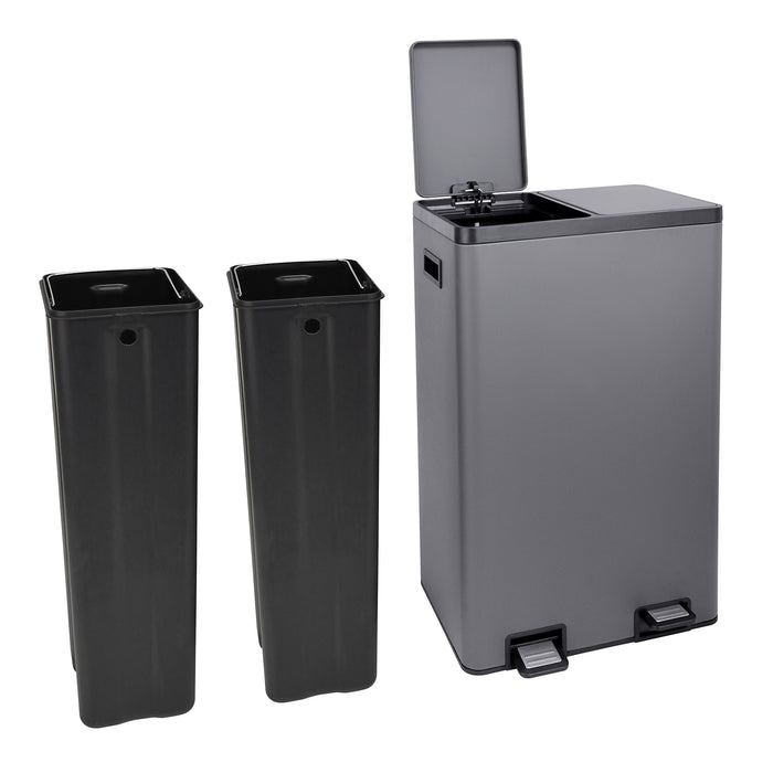 Rechteckiger grauer Mülleimer mit zwei Fächern und schwarzen Inneneimern, Deckel geöffnet, zwei Fußpedale vorne.