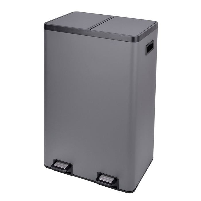 Grauer, rechteckiger Mülleimer mit zwei getrennten Fächern und je einem Fußpedal, seitliche Griffe sichtbar.