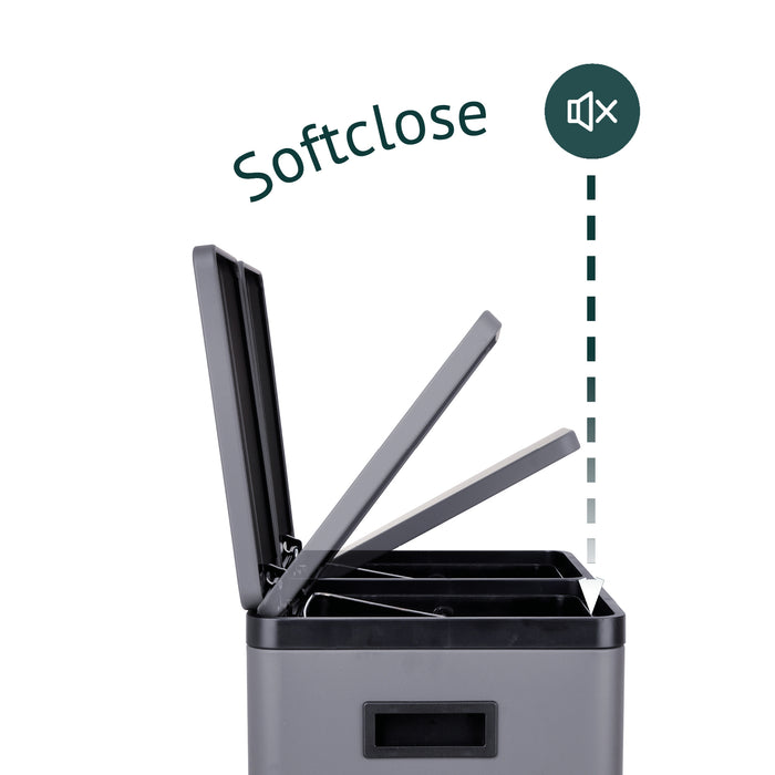 Grauer rechteckiger Mülleimer mit offenem Deckel in drei Positionen, Schriftzug 'Softclose' und Lautlos-Symbol.