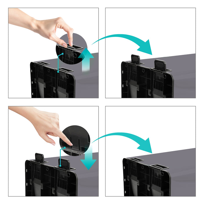 Vierteilige Abfolge zeigt Hand, welche darstellt, wie die Fußpedale ein- und ausgeklappt werden können. 
