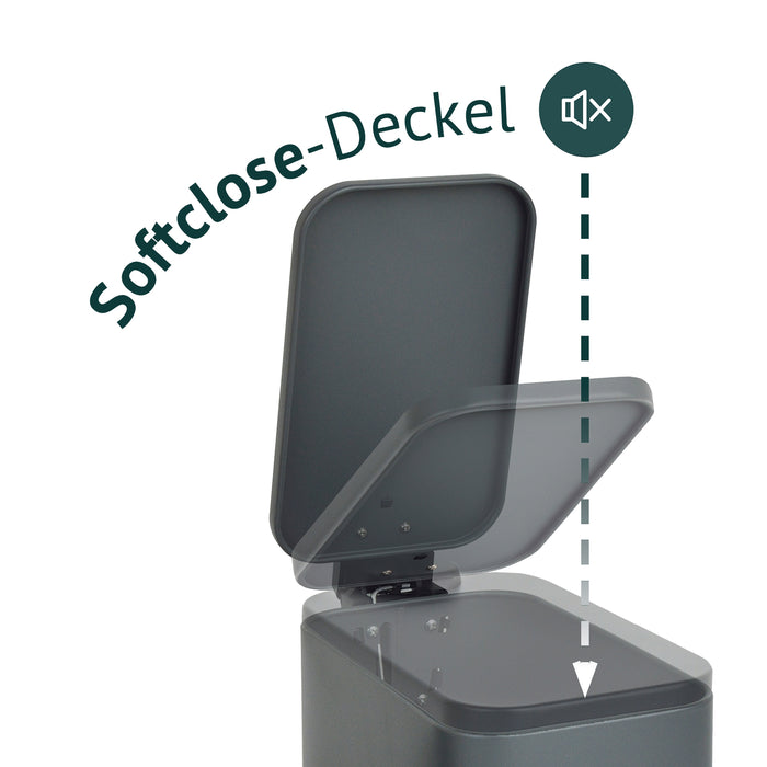 Grauer rechteckiger Mülleimer mit geöffnetem Deckel, Illustration Softclose-Deckel