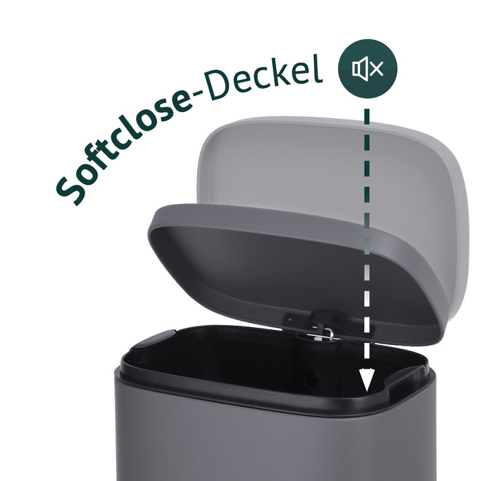 Grauer Mülleimer SVITA TQ30 mit mit geöffnetem Deckel, Illustration Softclose-Deckel