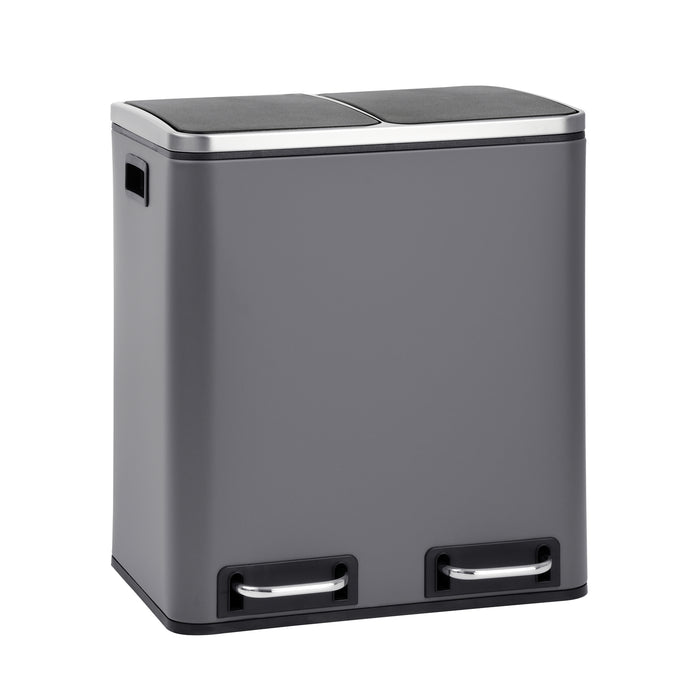 Doppelter grauerMülleimer mit zwei Fußpedalen und schwarzen Kunststoffdeckeln