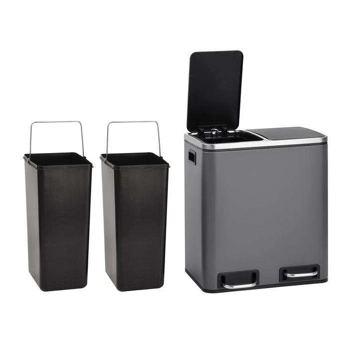 Dreiteiliger Abfallsammler mit zwei schwarzen Inneneimern und einem grauen Metallbehälter mit geöffnetem Deckel und zwei Fußpedalen