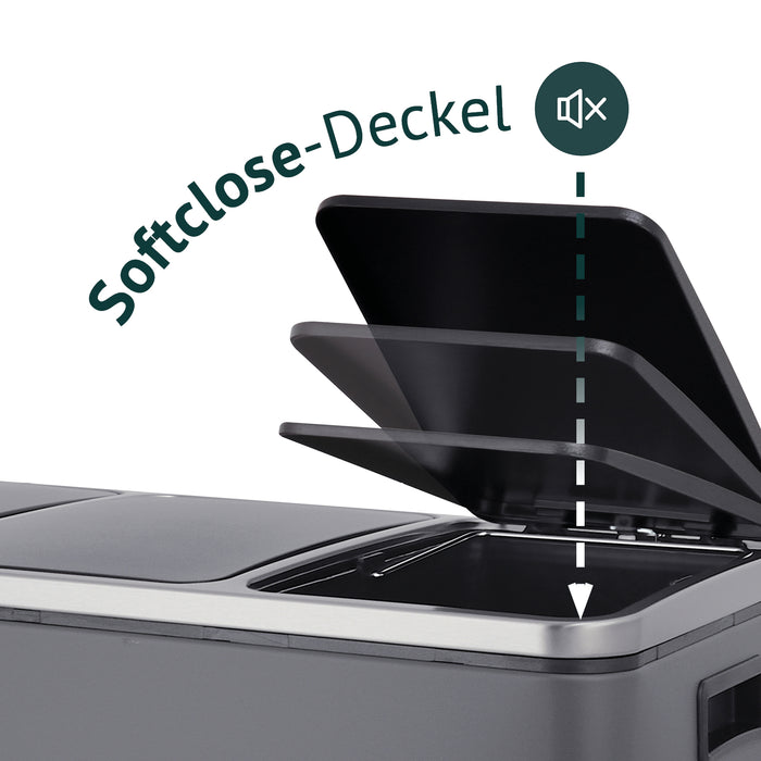 SVITA TM2X30L 3-fach Mülltrennsystem in Grau, Closeup auf Deckel mit Illustration Softclose-Deckel