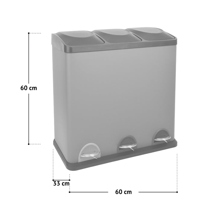 SVITA TC3X20 Mülleimer grau, dreiteilig mit je 20 Litern Fassungsvermögen, Maße 60x33x60 cm
