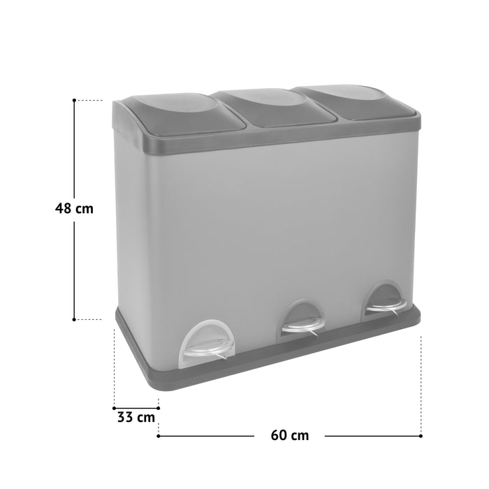 SVITA TC3X15 Mülleimer grau, dreiteilig mit je 15 Litern Fassungsvermögen, Maße 60x33x48 cm