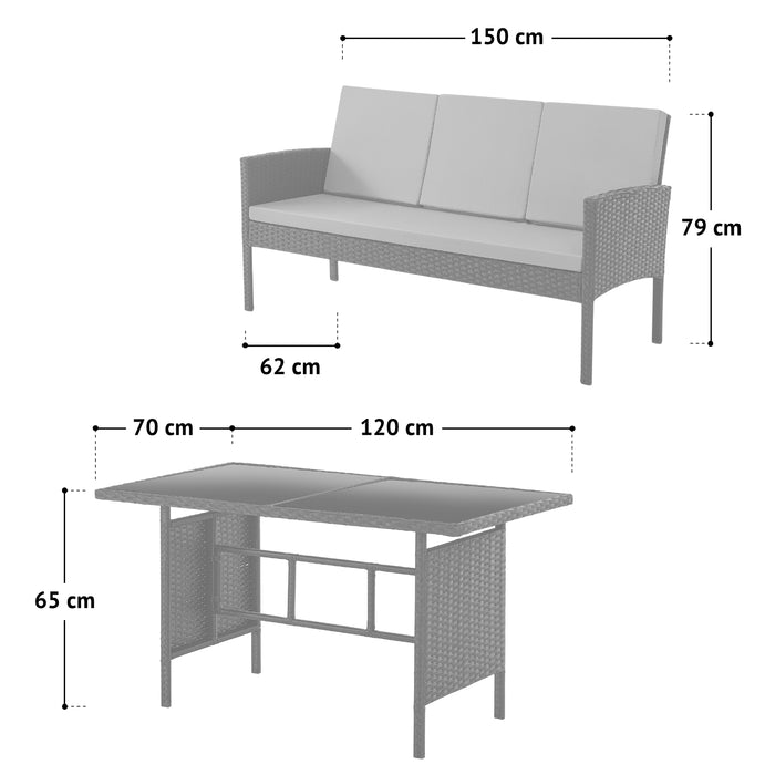 Illustration zu den Maßen von Tisch und Sitzbank: Tisch 120 x 70 x 65 cm (BxTxH), Sitzbank 150 x 62 x 79 cm (BxTxH)