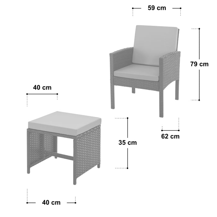 Illustration zu den Maßen von Hocker und Sessel: Hocker 40 x 40 x 35 cm (BxTxH), Sessel 59 x 62 x 79 cm (BxTxH)