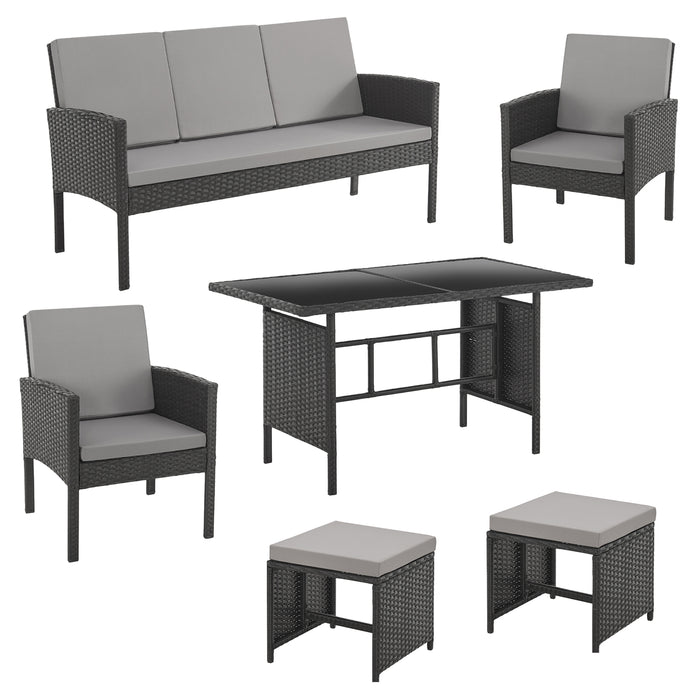 Schwarze Polyrattan Sitzgruppe Einzeldarstellung der Möbelstücke mit Tisch, Bank, zwei Stühlen und zwei Hockern