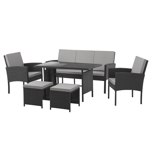 Schwarze Polyrattan Sitzgruppe mit Tisch, Bank, zwei Stühlen und zwei Hockern