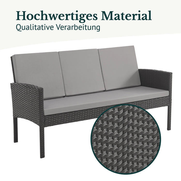 Schwarze Bank aus Polyrattan mit grauen Polstern - Detail Hochwertiges Material, qualitative Verarbeitung
