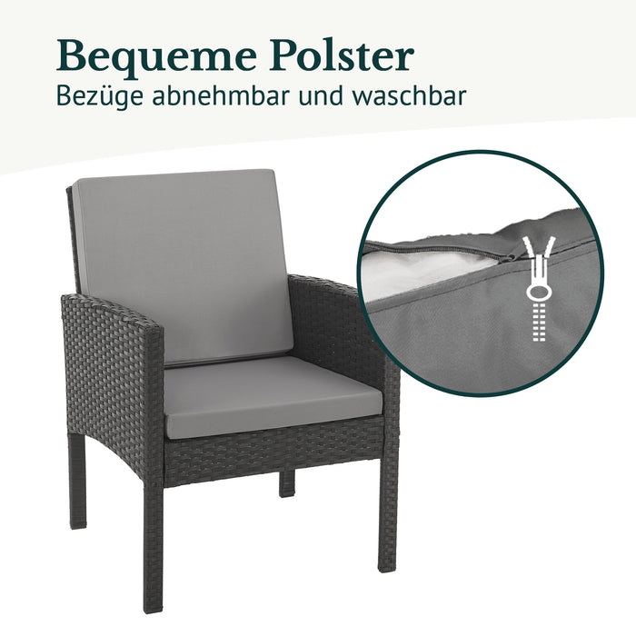 Schwarzer Sessel aus Polyrattan mit grauen Polstern - Detail: Bequeme Polster, Bezüge abnehmbar und waschbar