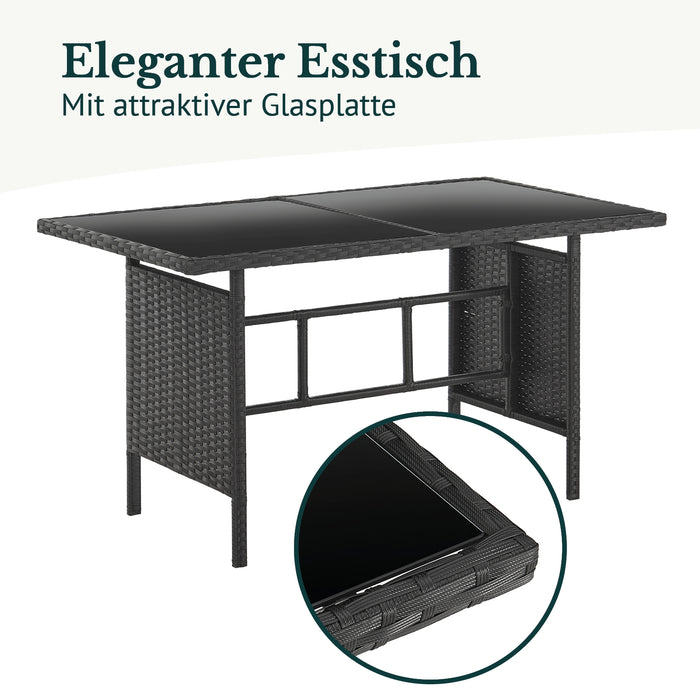 Eleganter Esstisch aus schwarzem Polyrattan - Detail: mit attraktiver Glasplatte