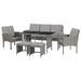 Graue Polyrattan Sitzgruppe mit Tisch, Bank, zwei Stühlen und zwei Hockern