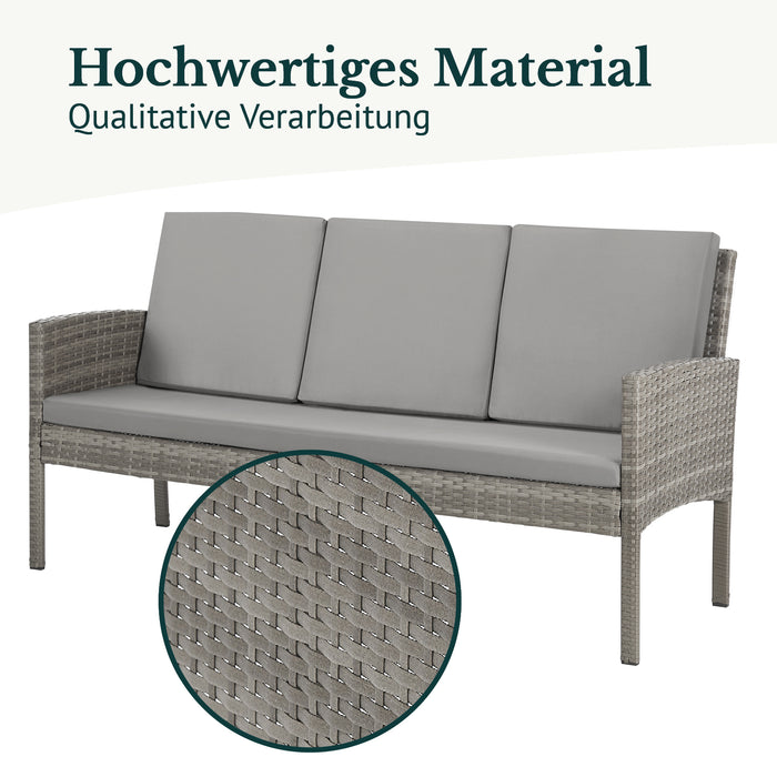Graue Bank aus Polyrattan mit grauen Polstern - Detail Hochwertiges Material, qualitative Verarbeitung
