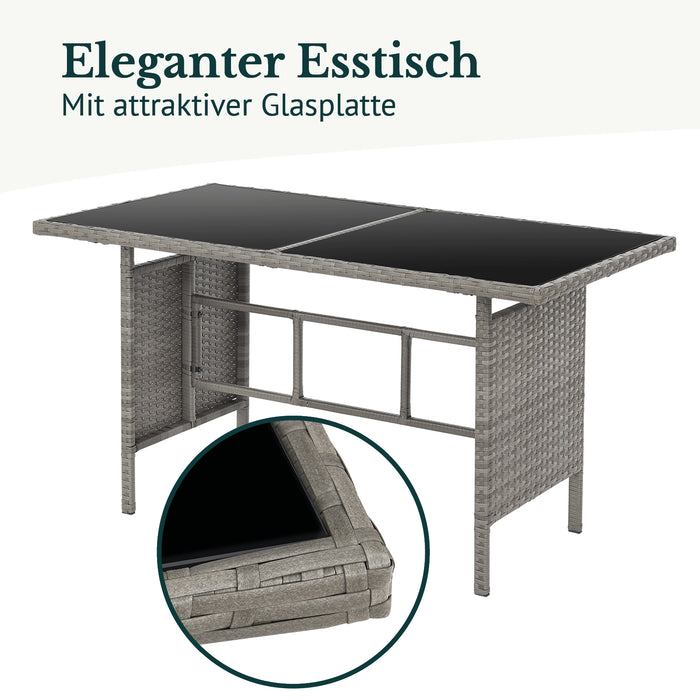 Eleganter Esstisch aus grauem Polyrattan - Detail: mit attraktiver Glasplatte