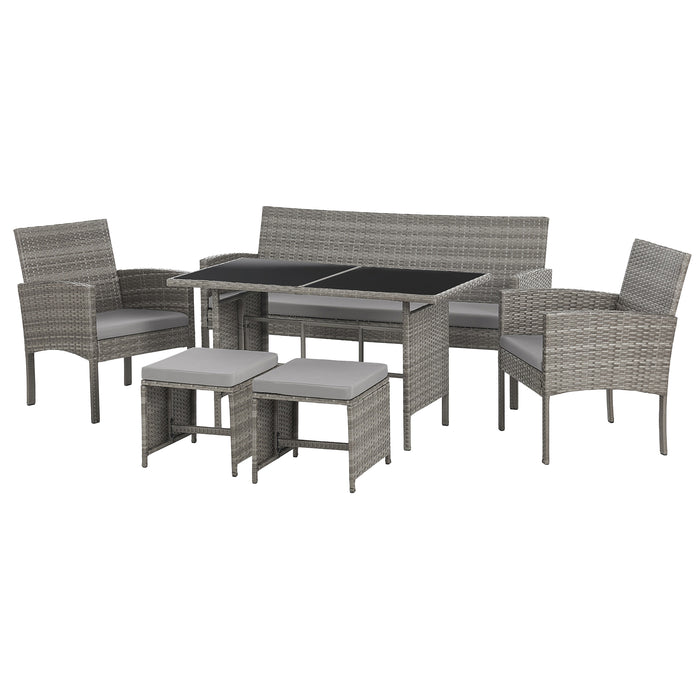 Graue Polyrattan Sitzgruppe mit Tisch, Bank, zwei Stühlen und zwei Hockern