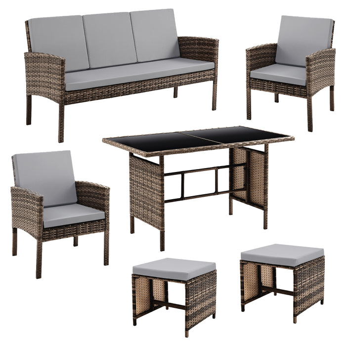 Braune Polyrattan Sitzgruppe Einzeldarstellung der Möbelstücke mit Tisch, Bank, zwei Stühlen und zwei Hockern