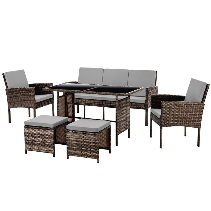 Braune Polyrattan Sitzgruppe mit Tisch, Bank, zwei Stühlen und zwei Hockern