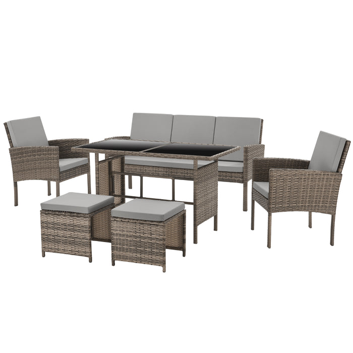 Braune Polyrattan Sitzgruppe mit Tisch, Bank, zwei Stühlen und zwei Hockern