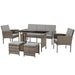 Braune Polyrattan Sitzgruppe mit Tisch, Bank, zwei Stühlen und zwei Hockern