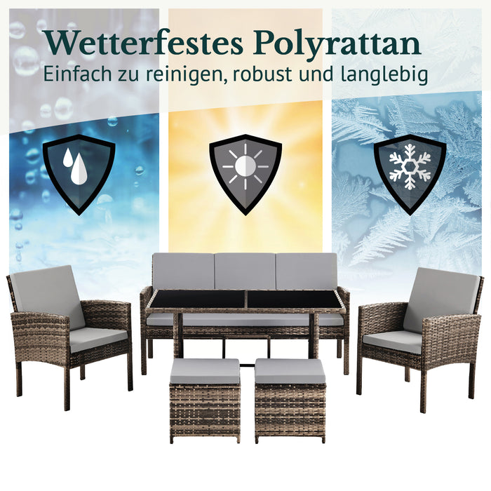 Drei Wettersymbole in Schutzschilden: Regen, Sonne und Frost - Wetterfestes Polyrattan - Einfach zu reinigen, robust und langlebig