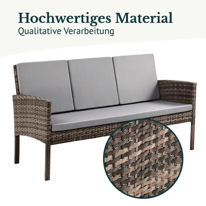 Braune Bank aus Polyrattan mit grauen Polstern - Detail Hochwertiges Material, qualitative Verarbeitung
