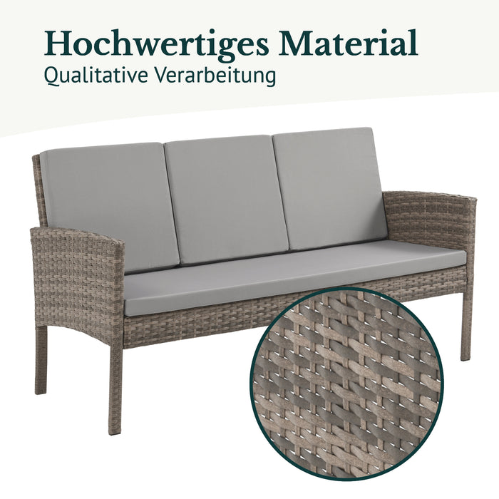 Braune Bank aus Polyrattan mit grauen Polstern - Detail Hochwertiges Material, qualitative Verarbeitung