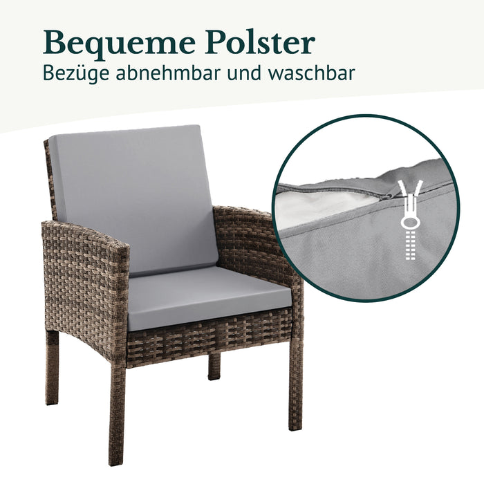 Brauner Sessel aus Polyrattan mit grauen Polstern - Detail: Bequeme Polster, Bezüge abnehmbar und waschbar