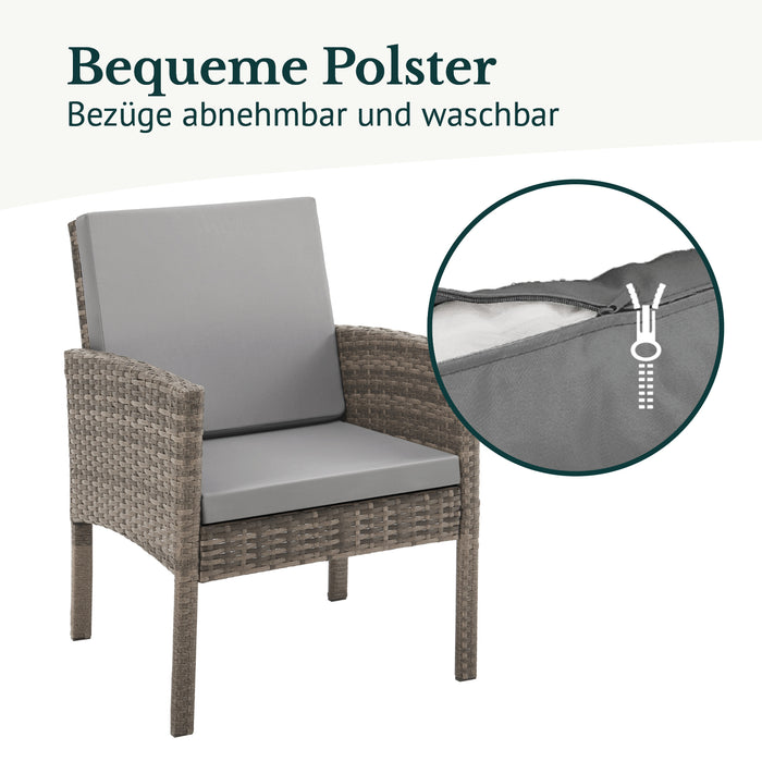 Brauner Sessel aus Polyrattan mit grauen Polstern - Detail: Bequeme Polster, Bezüge abnehmbar und waschbar