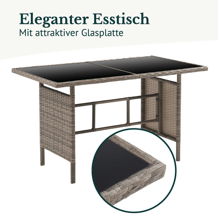 Eleganter Esstisch aus braunem Polyrattan - Detail: mit attraktiver Glasplatte