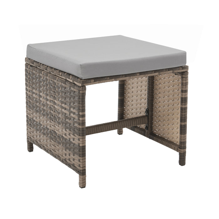 brauner Hocker aus Polyrattan mit grauem Sitzpolster